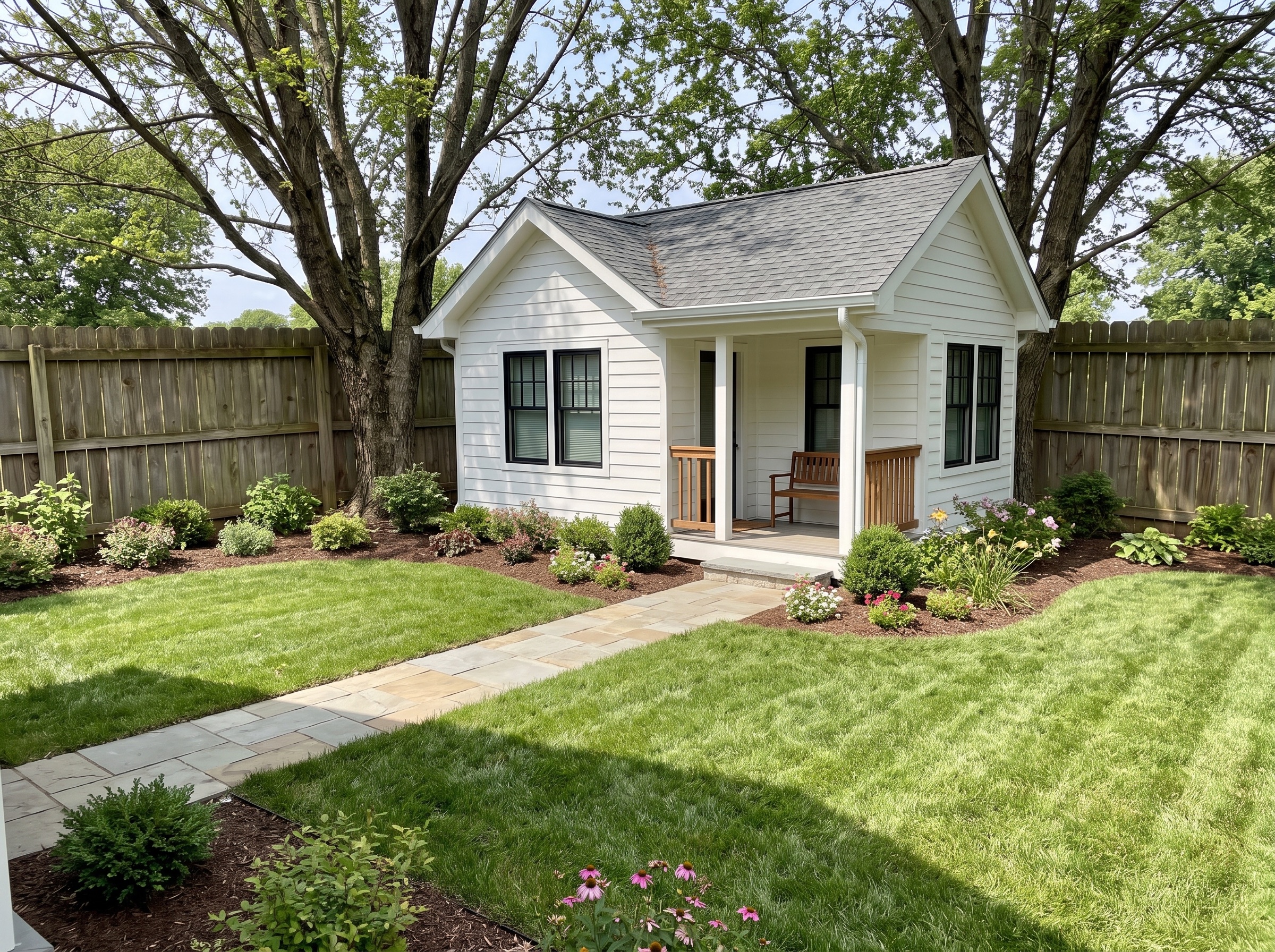 New craftsman-style detached backyard ADU cottage after construction