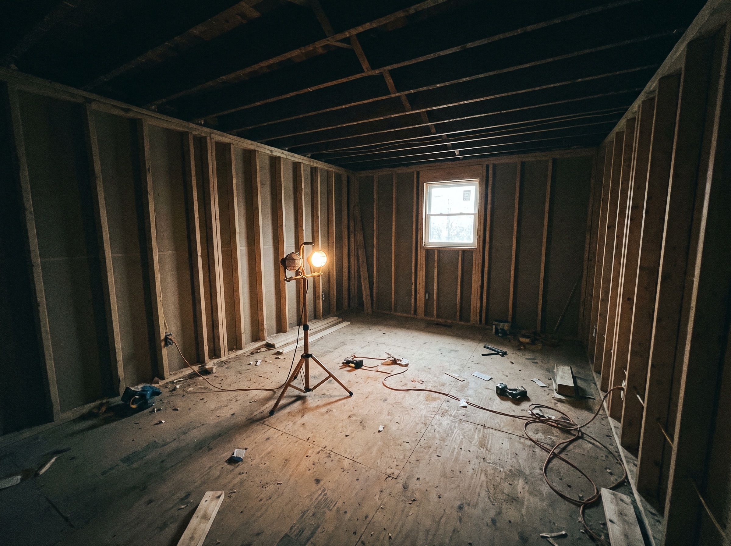 Unfinished framing inside an ADU before interior finishing